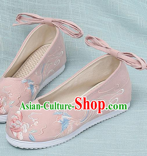 Chinese Handmade Embroidered Bird Peony Pink Bow Shoes Traditional Ming Dynasty Hanfu Shoes Princess Shoes for Women