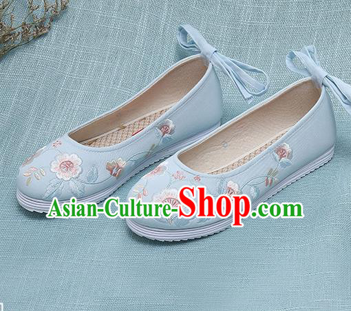 Chinese Handmade Embroidered Blue Shoes Traditional Ming Dynasty Hanfu Shoes Princess Shoes for Women
