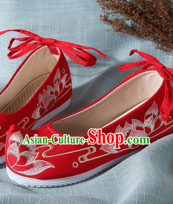 Chinese Handmade Embroidered Lotus Red Cloth Bow Shoes Traditional Ming Dynasty Hanfu Shoes Princess Shoes for Women