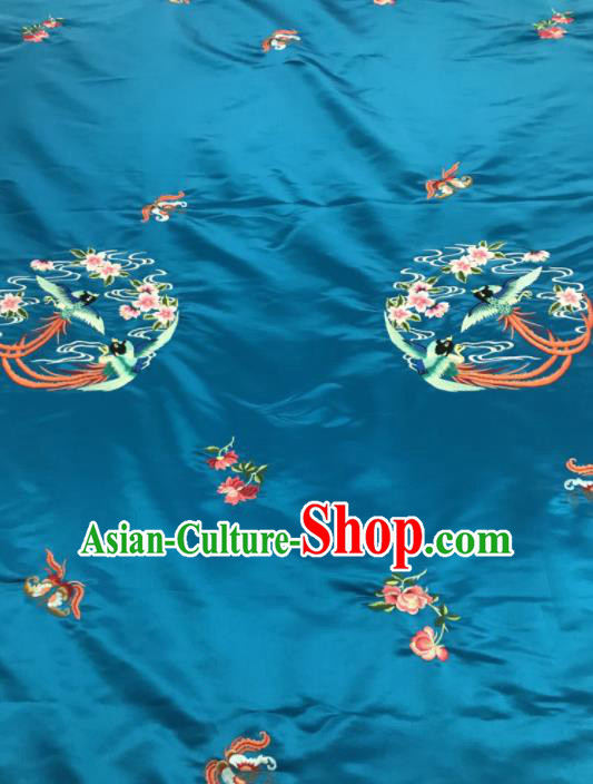 Chinese Traditional Embroidered Peach Flowers Birds Pattern Design Blue Silk Fabric Asian China Hanfu Silk Material