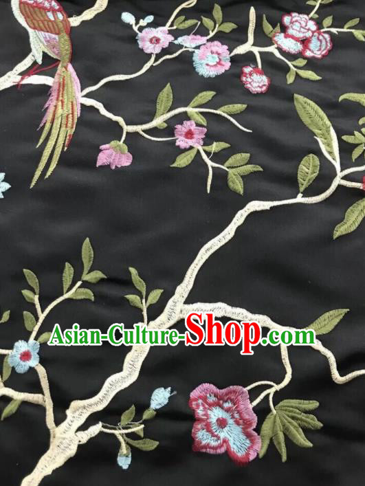 Chinese Traditional Embroidered Begonia Birds Pattern Design Black Silk Fabric Asian China Hanfu Silk Material