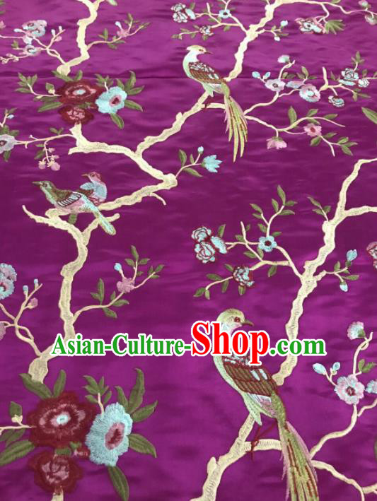 Chinese Traditional Embroidered Begonia Birds Pattern Design Purple Silk Fabric Asian China Hanfu Silk Material