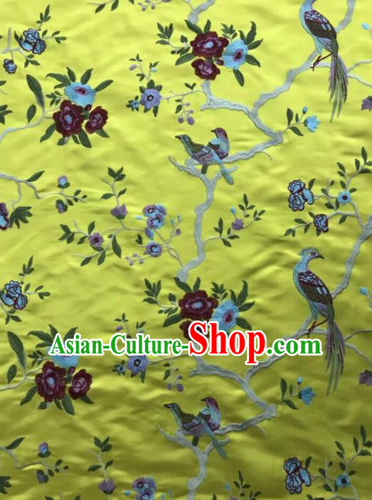 Chinese Traditional Embroidered Begonia Birds Pattern Design Yellow Silk Fabric Asian China Hanfu Silk Material