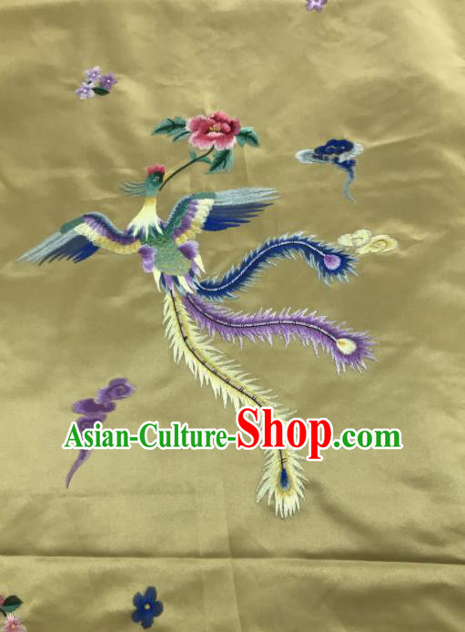 Chinese Traditional Embroidered Phoenix Peony Pattern Design Golden Silk Fabric Asian China Hanfu Silk Material