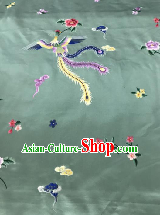 Chinese Traditional Embroidered Phoenix Peony Pattern Design Light Green Silk Fabric Asian China Hanfu Silk Material