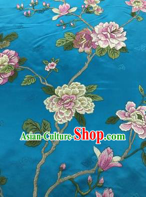 Chinese Traditional Embroidered Peony Pattern Design Blue Silk Fabric Asian China Hanfu Silk Material