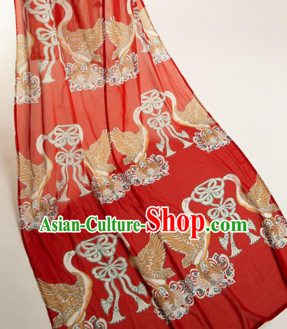 Chinese Traditional Printing Swan Pattern Design Red Chiffon Fabric Asian Satin China Hanfu Material