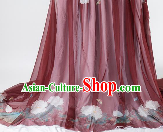 Chinese Traditional Printing Peony Pattern Design Red Chiffon Fabric Asian China Hanfu Material