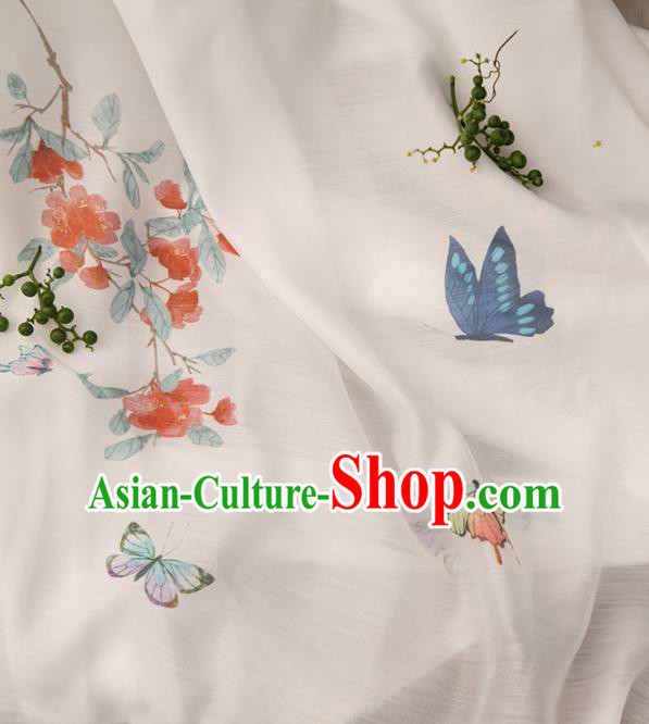 Chinese Traditional Printing Butterfly Flowers Pattern Design White Chiffon Fabric Asian China Hanfu Material