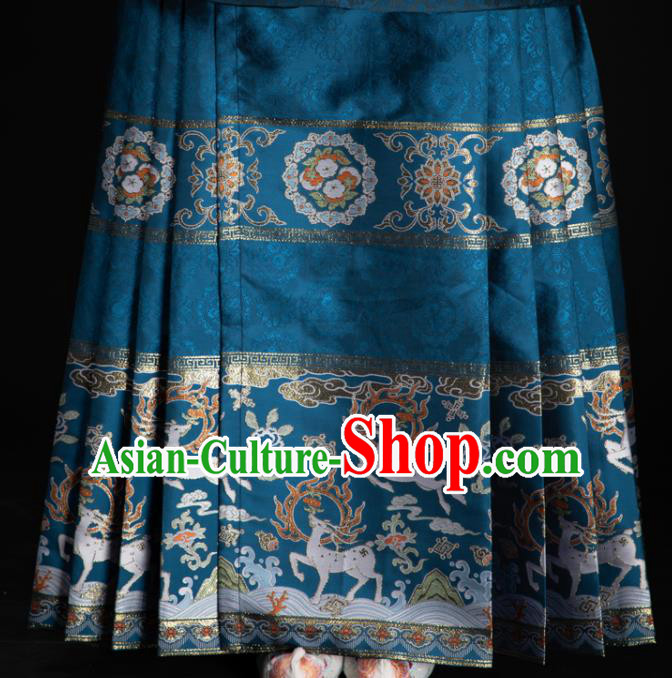 Chinese Traditional Colorful Deer Pattern Design Blue Brocade Fabric Asian China Satin Hanfu Material