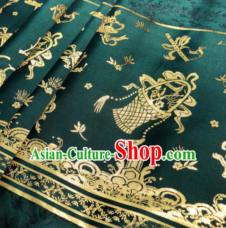 Chinese Traditional Eight Immortals Pattern Design Deep Green Brocade Fabric Asian China Satin Hanfu Material