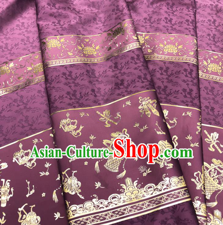 Chinese Traditional Eight Immortals Pattern Design Purple Brocade Fabric Asian China Satin Hanfu Material