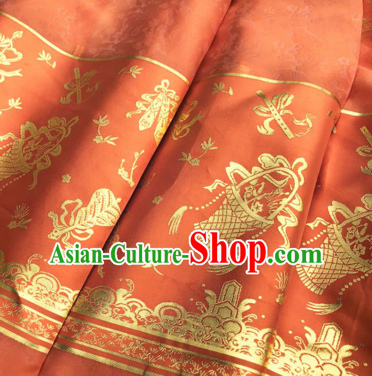 Chinese Traditional Eight Immortals Pattern Design Orange Brocade Fabric Asian China Satin Hanfu Material