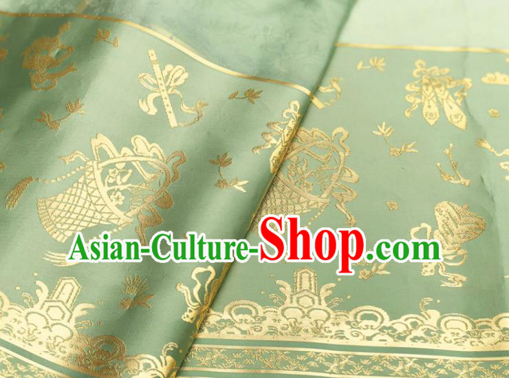 Chinese Traditional Eight Immortals Pattern Design Light Green Brocade Fabric Asian China Satin Hanfu Material