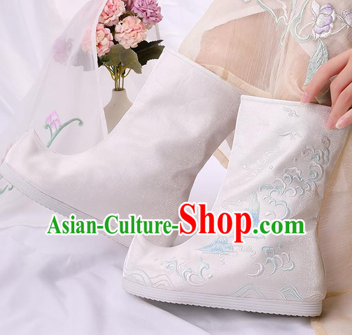 Asian Chinese White Embroidered Cloud Mount Boots Traditional Opera Boots Hanfu Shoes for Women