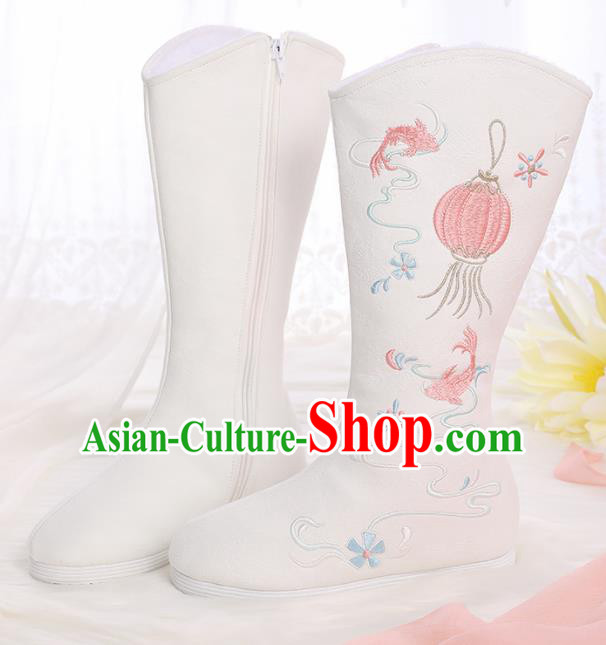 Asian Chinese White Embroidered Lantern Boots Traditional Opera Boots Hanfu Shoes for Women