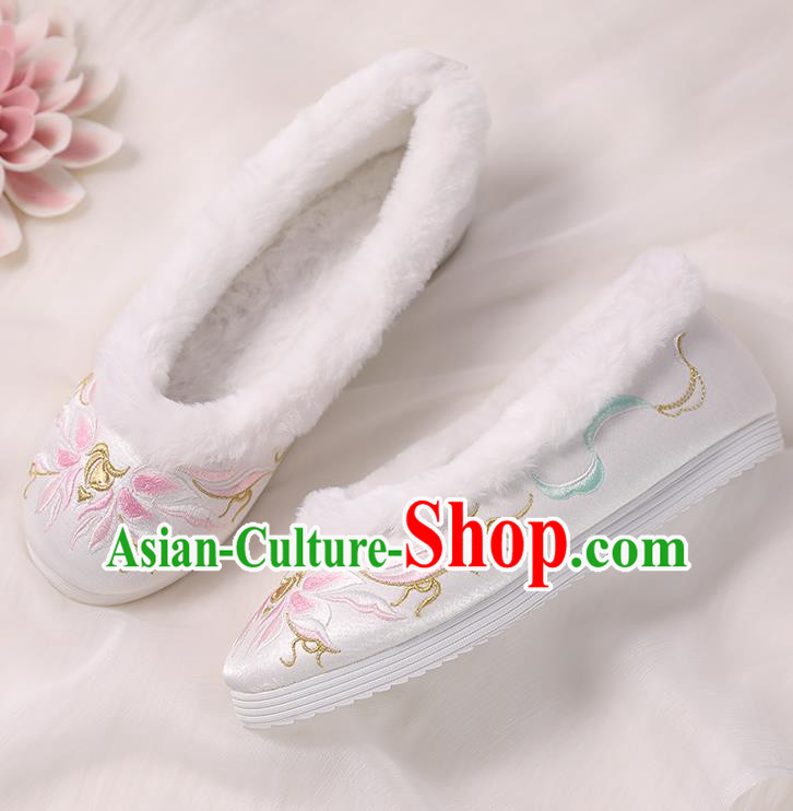 Asian Chinese Winter Shoes Embroidered Pink Flower Shoes Traditional Opera Shoes Hanfu Shoes for Women