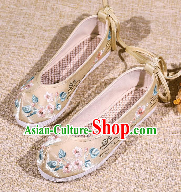 Asian Chinese Satin Shoes Embroidered Flowers Golden Shoes Traditional Opera Shoes Hanfu Shoes for Women