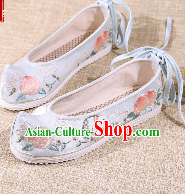 Asian Chinese Blue Satin Shoes Embroidered Rabbit Shoes Traditional Opera Shoes Hanfu Shoes for Women