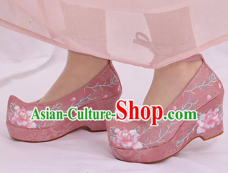 Asian Chinese Pink High Heel Shoes Embroidered Shoes Traditional Opera Shoes Hanfu Shoes for Women