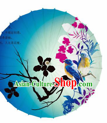 Chinese Traditional Printing Plum Birds Blue Oil Paper Umbrella Artware Paper Umbrella Classical Dance Umbrella Handmade Umbrellas