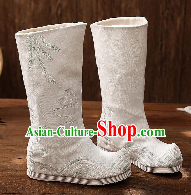 Asian Chinese White Embroidered Boots Traditional Opera Boots Hanfu Shoes for Women