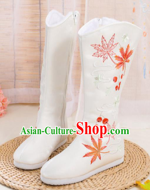 Asian Chinese Embroidered Maple Leaf White Boots Traditional Opera Boots Hanfu Shoes for Women