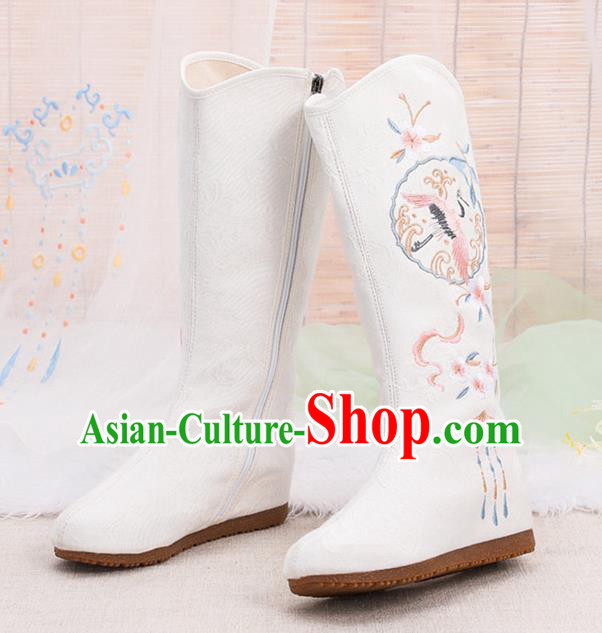 Asian Chinese Embroidered Crane White Boots Traditional Opera Boots Hanfu Shoes for Women