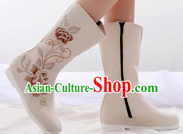 Asian Chinese Embroidered Peony Beige Boots Traditional Opera Boots Hanfu Shoes for Women