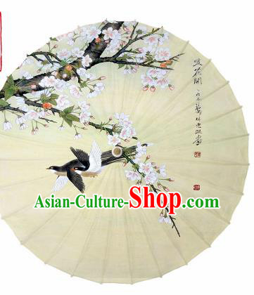 Chinese Traditional Printing Cherry Blossom Yellow Oil Paper Umbrella Artware Paper Umbrella Classical Dance Umbrella Handmade Umbrellas