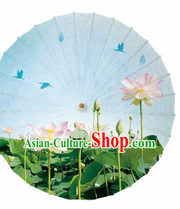 Chinese Traditional Printing Lotus Blue Oil Paper Umbrella Artware Paper Umbrella Classical Dance Umbrella Handmade Umbrellas
