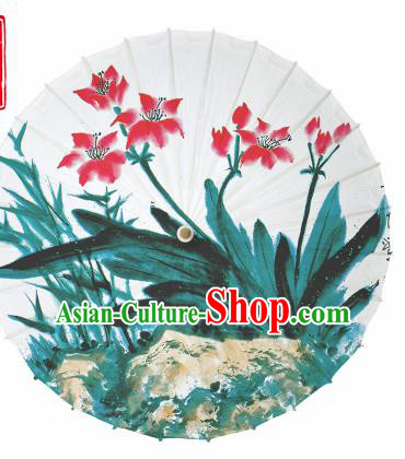Chinese Traditional Printing Orchids White Oil Paper Umbrella Artware Paper Umbrella Classical Dance Umbrella Handmade Umbrellas