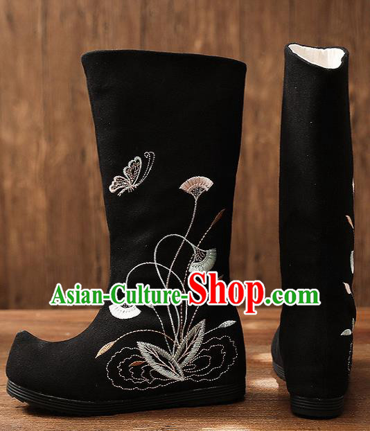 Asian Chinese Embroidered Black High Boots Traditional Opera Boots Hanfu Shoes for Women