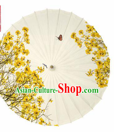 Chinese Traditional Printing Jasminum Nudiflorum Yellow Oil Paper Umbrella Artware Paper Umbrella Classical Dance Umbrella Handmade Umbrellas