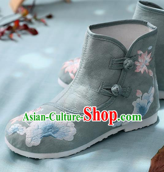 Asian Chinese Embroidered Lotus Green Ankle Boots Traditional Opera Boots Hanfu Shoes for Women