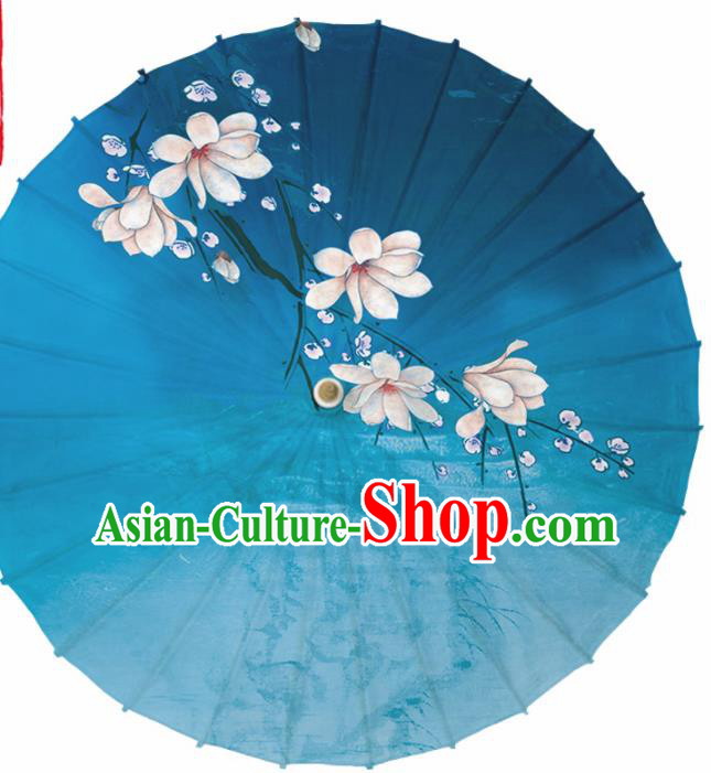Chinese Traditional Printing Yulan Magnolia Blue Oil Paper Umbrella Artware Paper Umbrella Classical Dance Umbrella Handmade Umbrellas