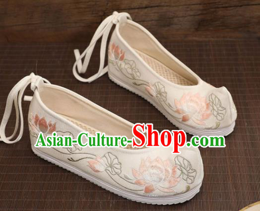 Asian Chinese Embroidered Lotus White Bow Shoes Hanfu Shoes Traditional Opera Shoes Princess Shoes for Women