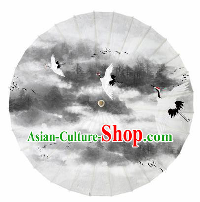 Chinese Traditional Printing Crane Grey Oil Paper Umbrella Artware Paper Umbrella Classical Dance Umbrella Handmade Umbrellas