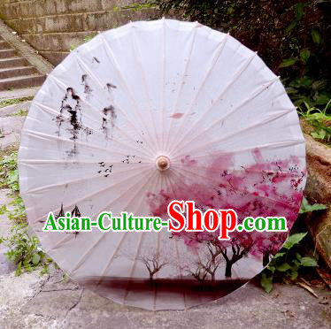 Chinese Traditional Painting Peach Blossom White Oil Paper Umbrella Artware Paper Umbrella Classical Dance Umbrella Handmade Umbrellas
