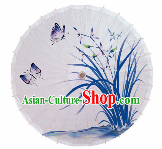 Chinese Printing Orchid White Oil Paper Umbrella Artware Paper Umbrella Traditional Classical Dance Umbrella Handmade Umbrellas