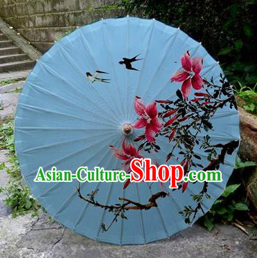 Chinese Printing Flowers Blue Oil Paper Umbrella Artware Paper Umbrella Traditional Classical Dance Umbrella Handmade Umbrellas