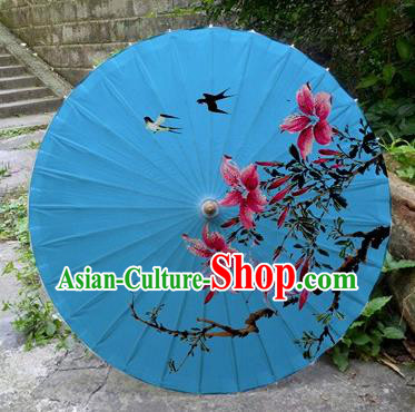Chinese Printing Flowers Deep Blue Oil Paper Umbrella Artware Paper Umbrella Traditional Classical Dance Umbrella Handmade Umbrellas