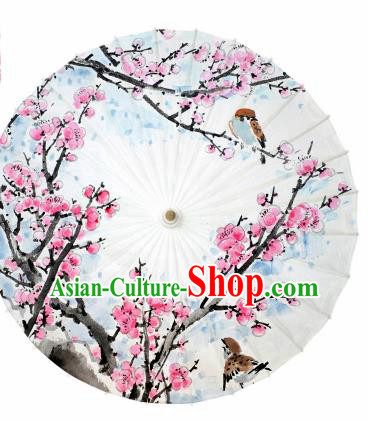 Chinese Traditional Printing Plum White Oil Paper Umbrella Artware Paper Umbrella Classical Dance Umbrella Handmade Umbrellas