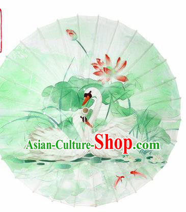 Chinese Printing Swan Lotus Green Oil Paper Umbrella Artware Paper Umbrella Traditional Classical Dance Umbrella Handmade Umbrellas