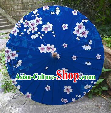 Chinese Artware Paper Umbrella Traditional Printing Cherry Blossom Deep Blue Oil Paper Umbrella Classical Dance Umbrella Handmade Umbrellas