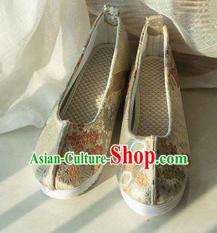 Asian Chinese Traditional Hanfu Beige Brocade Shoes Ancient Princess Shoes Handmade Shoes for Women