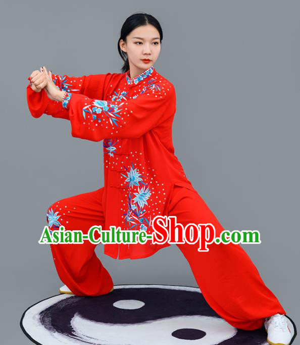 Chinese Traditional Tai Chi Training Embroidered Blue Flowers Costumes Martial Arts Performance Outfits for Women
