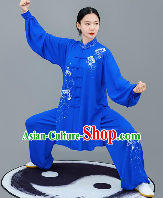 Chinese Traditional Tai Chi Training Embroidered Lotus Royalblue Costumes Martial Arts Performance Outfits for Women