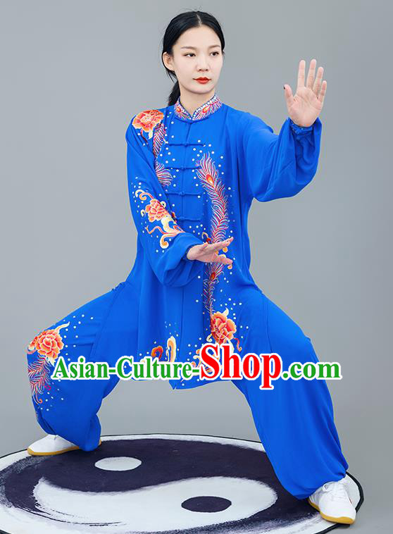 Chinese Traditional Tai Chi Training Embroidered Phoenix Peony Royalblue Costumes Martial Arts Performance Outfits for Women