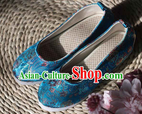 Asian Chinese Traditional Hanfu Blue Brocade Shoes Ancient Princess Shoes Handmade Shoes for Women
